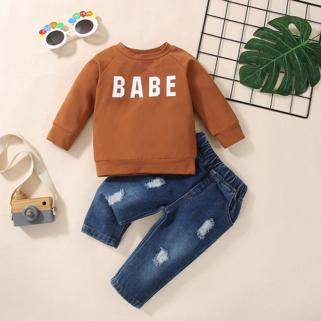 BABE Print Top And Zip Up Jeans Wholesale Baby Boy Clothes Set - PrettyKid
