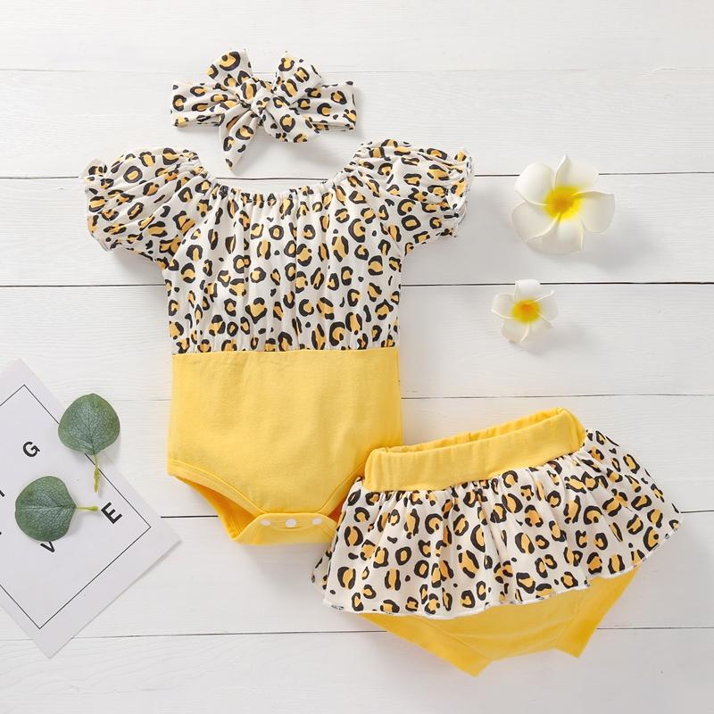 Baby Girl Leopard Print Color-block Bodysuit & Shorts & Headband - PrettyKid