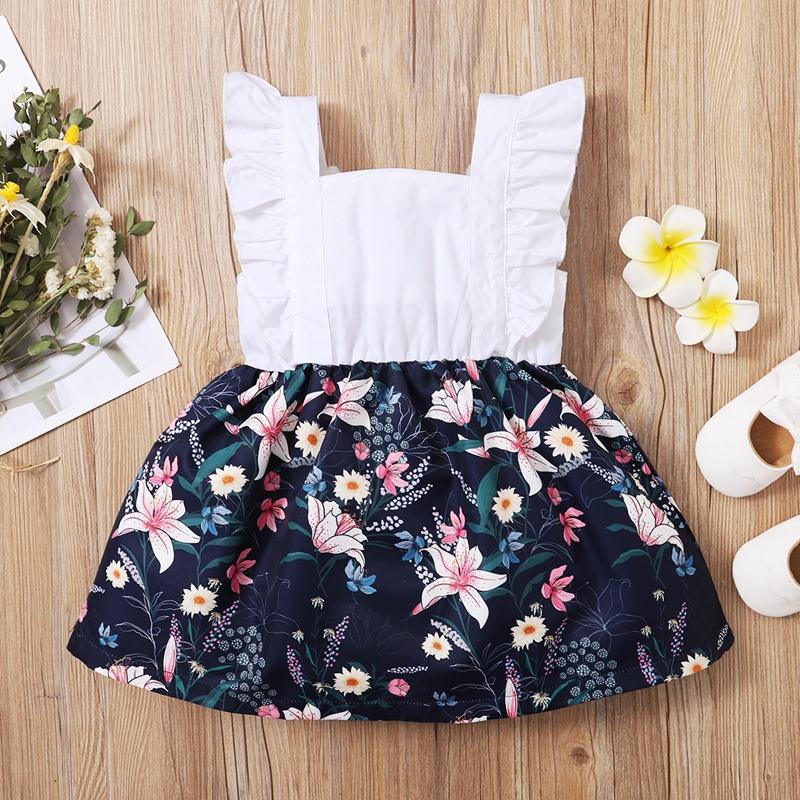 Toddler Girl Square Collar Ruffle Trim Sleeveless Lily Print Dress - PrettyKid