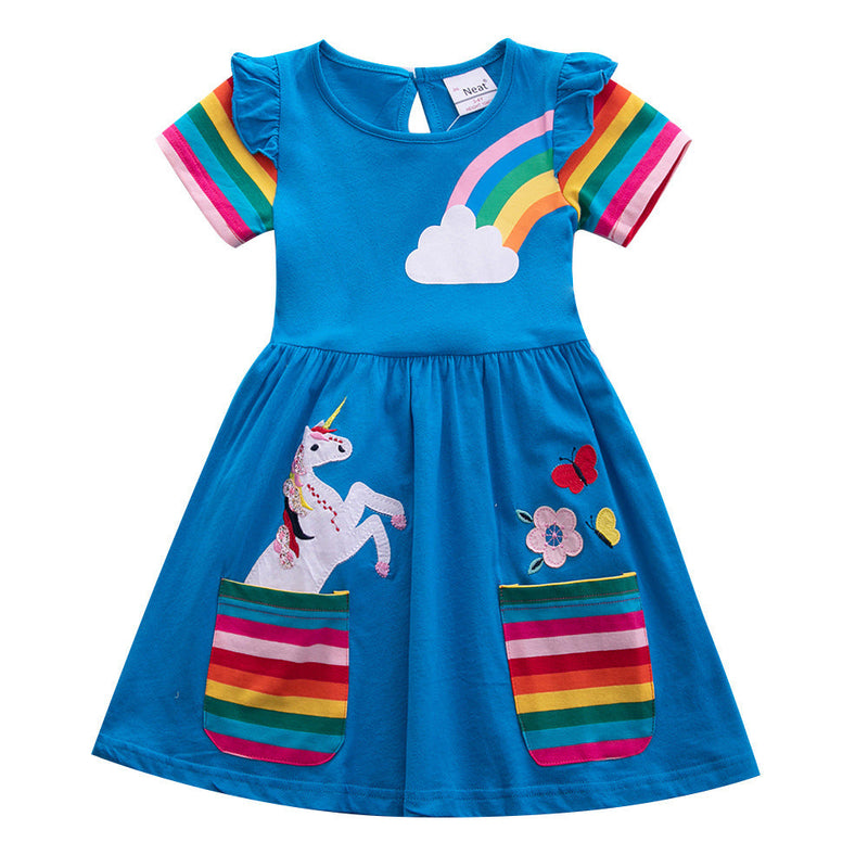3-8Y Kid Girls Short Sleeve Unicorn Rainbow Dresses Wholesale Kids Boutique Clothing - PrettyKid