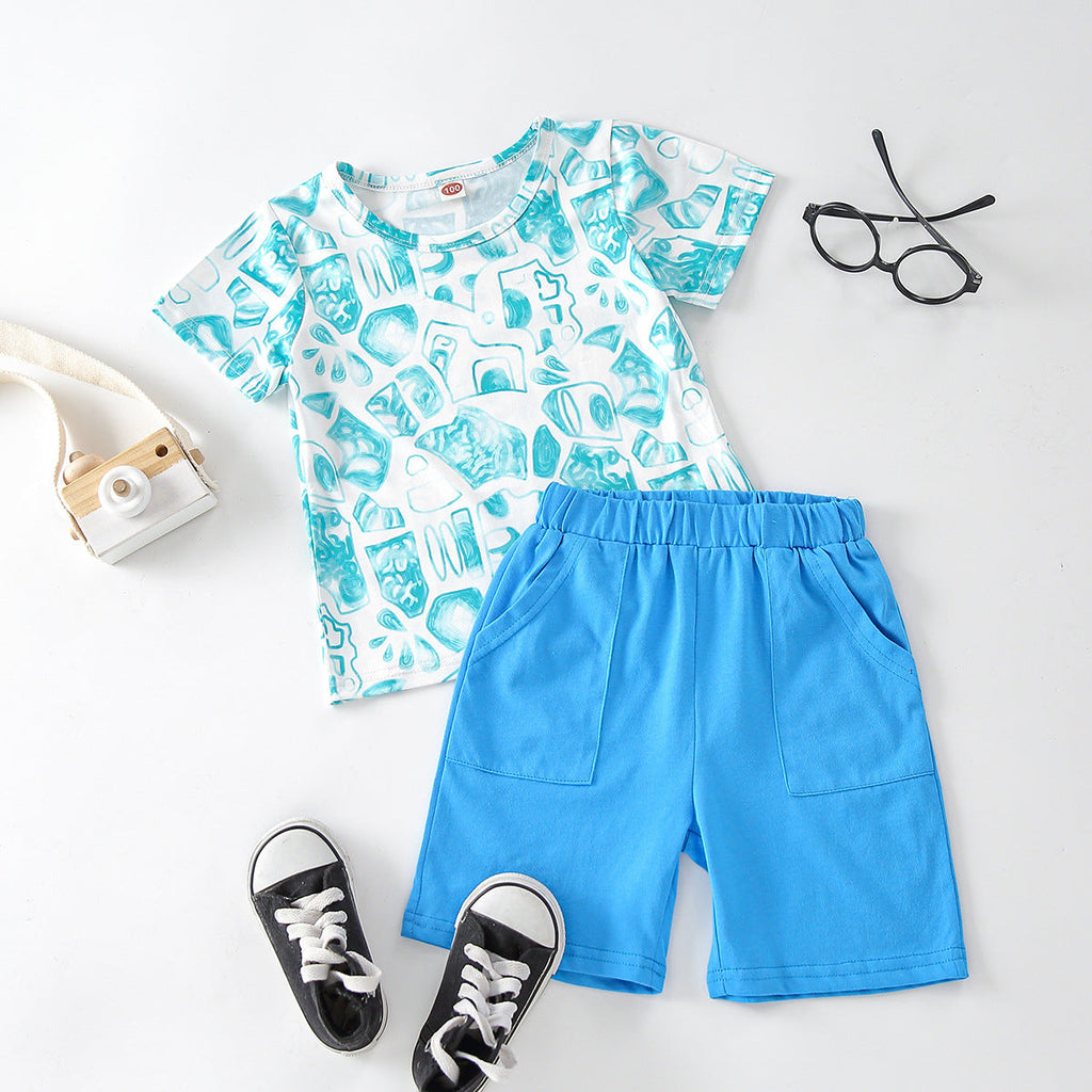 Boy Cartoon Print T-Shirt And Blue Shorts Toddler Boy Outfit Sets - PrettyKid