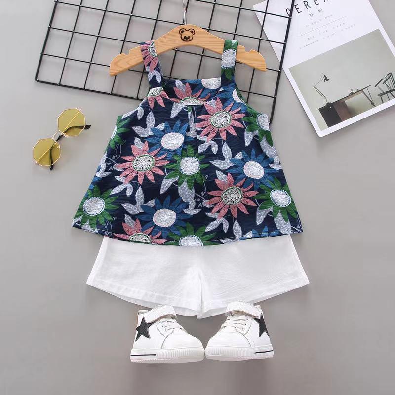 Toddler Girl Floral Print Suspender Top & Shorts Wholesale Children's Clothing - PrettyKid