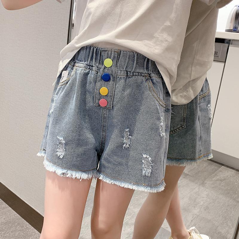 Kid Girl Color Button Casual Denim Shorts - PrettyKid