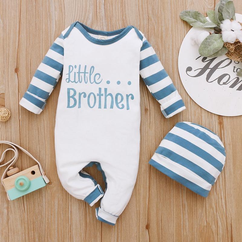 Striped Letter Print Long-sleeved Jumpsuit with Hat - PrettyKid