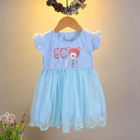 Toddler Girl Ruffle Sleeve Bear Mesh Hem Dress - PrettyKid