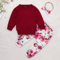 best children's wholesale clothing Toddler Girl Solid Color Sweater & Floral Print Pants & Headband - PrettyKid