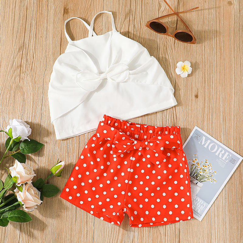 9M-4Y Toddler Girls Outfits Sets Bow Cami Top & Polka Dots Shorts Wholesale Little Girl Clothing - PrettyKid