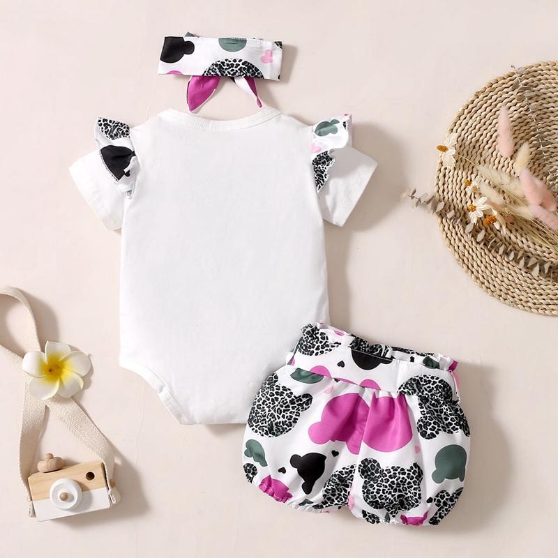 Baby Girl Bear Pattern Ruffle Trim Bodysuit & Printed Shorts & Headband - PrettyKid