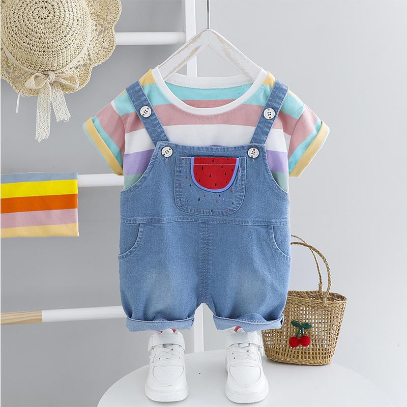 Toddler Boy Striped T-shirt & Watermelon Pattern Kangaroo Pocket Overalls - PrettyKid