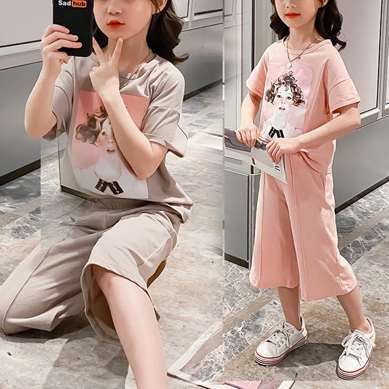 Girl Figure Pattern T-shirt & Solid Color Loose Pants Children's Clothing - PrettyKid