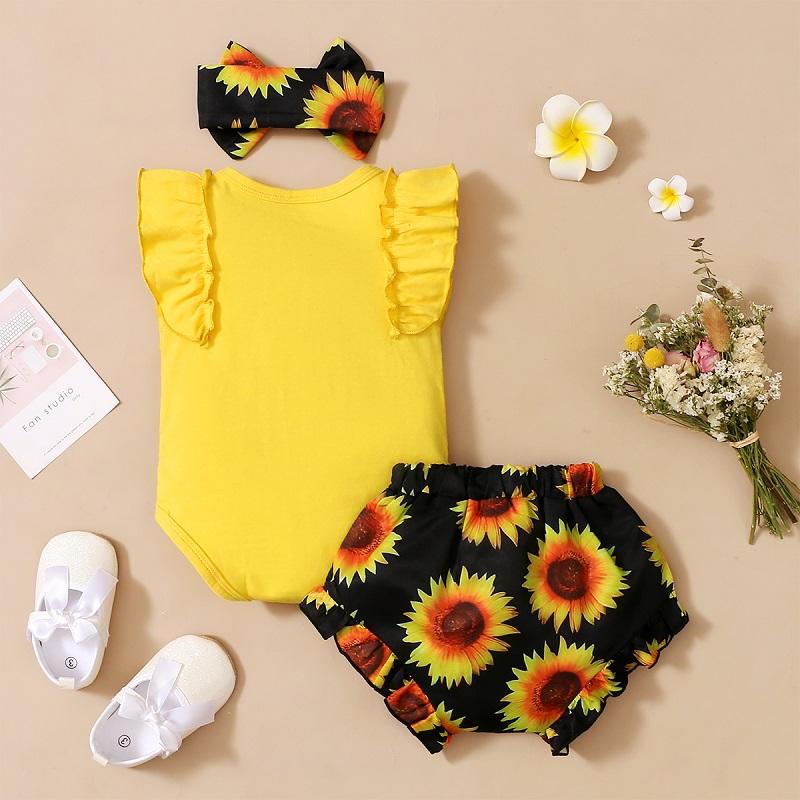 Baby Girl Letter Print Romper & Sunflower Print Super Shorts & Headband - PrettyKid