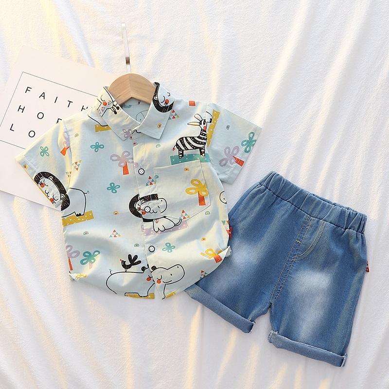 Toddler Boy Animal Print Shirt & Denim Shorts - PrettyKid