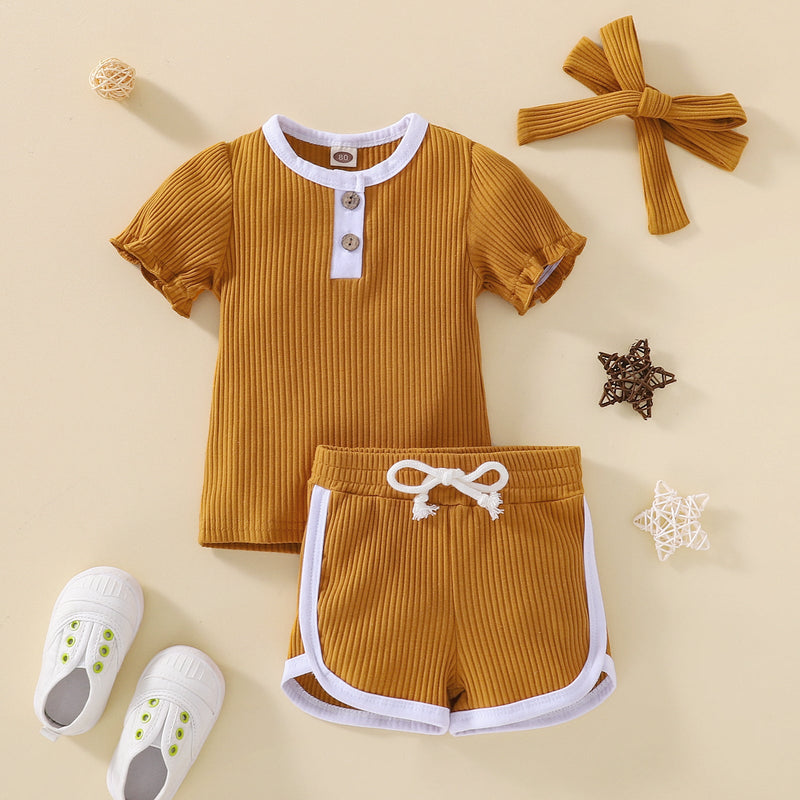 9M-4Y Baby Girl Shorts Set Wood Ear Thread Color Matching Headband Bulk Baby Clothes - PrettyKid