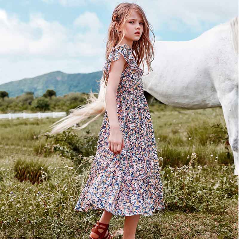 Girl Chiffon Ruffle Floral Print Dress - PrettyKid