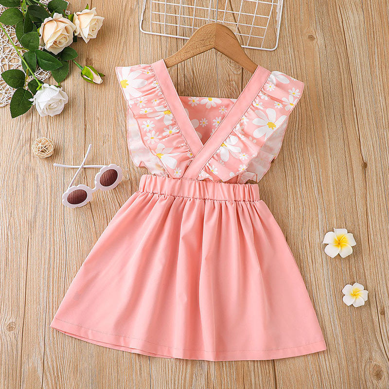 3-7Y Cute Dresses For Girls Sleeveless Bow Print Panel Square Neck Wholesale Toddler Clothing - PrettyKid