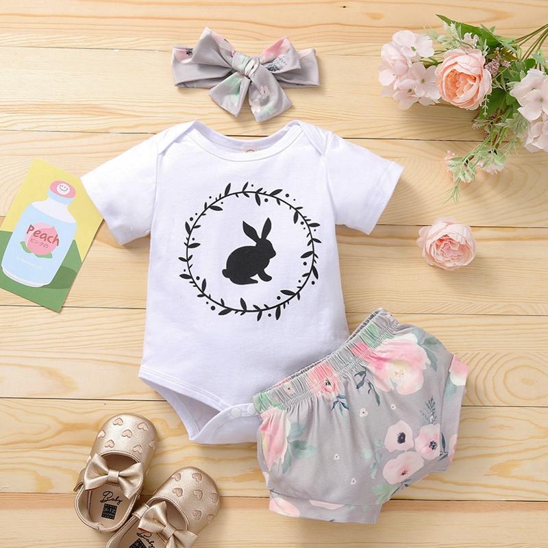 organic kids clothes wholesale Baby Girl Rabbit Pattern Top & Floral Print Shorts & Headband - PrettyKid