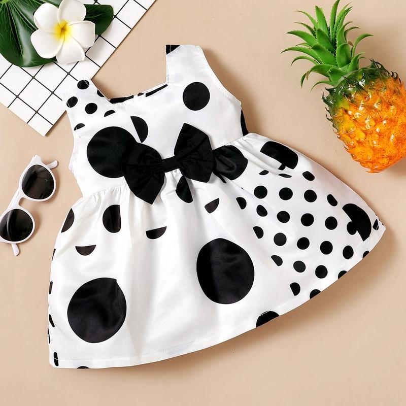 Baby Girl Bow Decor Polka Dot Sleeveless Dress Children's Clothing - PrettyKid