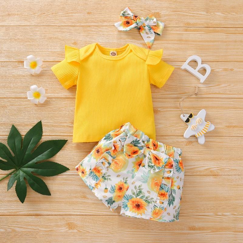 Toddler Girl 3pcs Floral Pattern Summer Suit Cami Top & Shorts & Hesdhand Wholesale Children's Clothing - PrettyKid