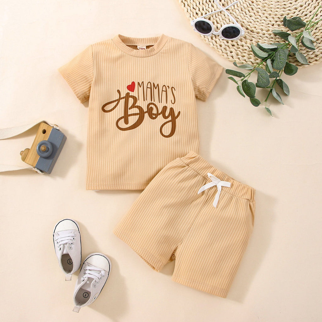 3-24M Baby Boys Sets MAMA'S Boy Print Ribbed Top & Shorts Bulk Baby Clothes Wholesale - PrettyKid