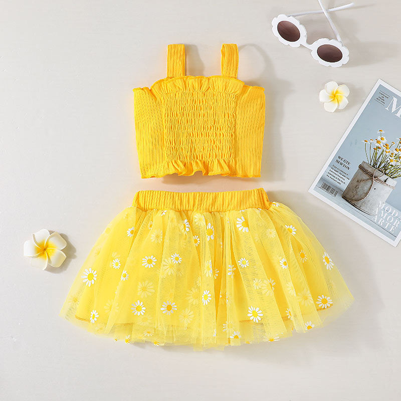 3-24M Baby Girls Clothes Sets Bow Cami Top & Daisy Mesh Skirts Wholesale Baby Clothes - PrettyKid