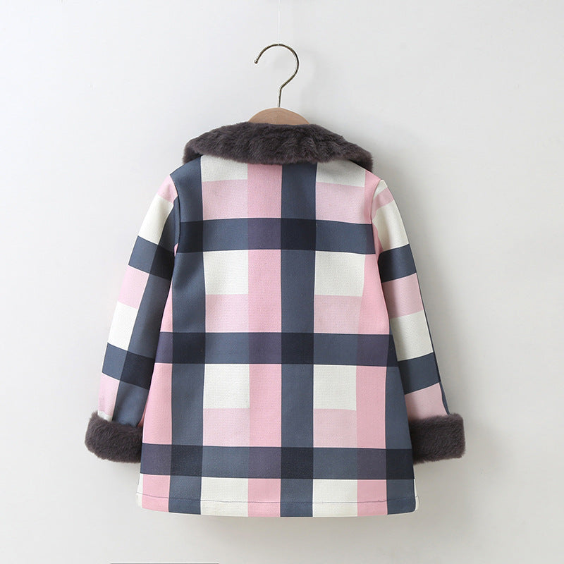 Checked Single-Breasted Fur Collar Coat Wholesale Girls Fashion Clothes - PrettyKid