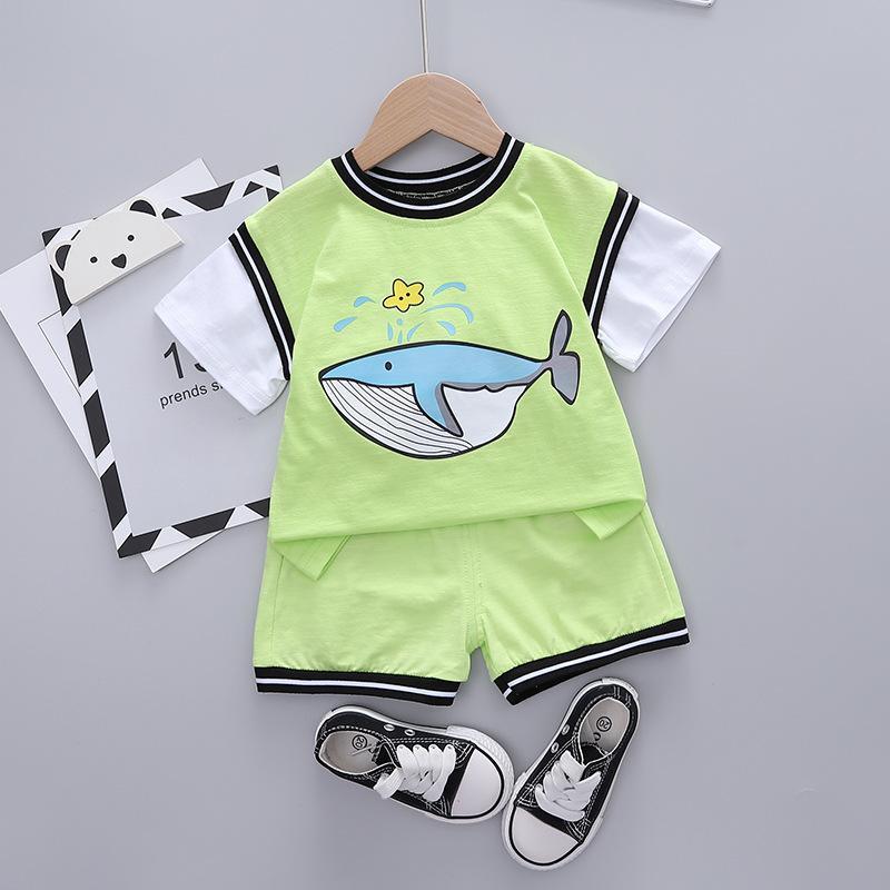 wholesale little girl dresses Toddler Boy Whale Pattern Color-block Top & Shorts - PrettyKid