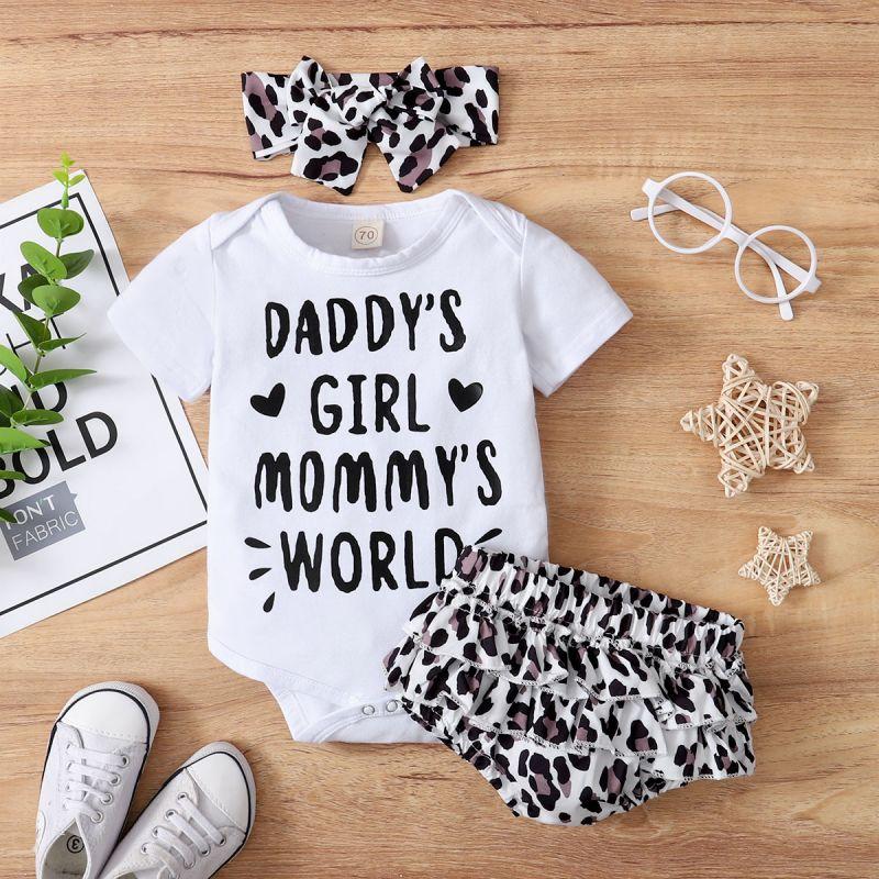 Baby Girl Letter Graphic Bodysuit & Leopard Shorts & Headband - PrettyKid