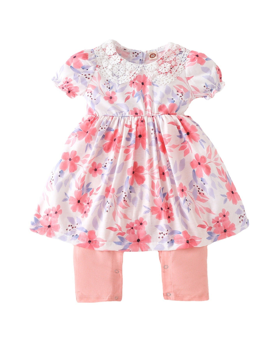 0-18months Baby Onesies Sweet Pink Printed Romper Short-Sleeved Fake Two-Piece Jumpsuit For Baby Girls - PrettyKid