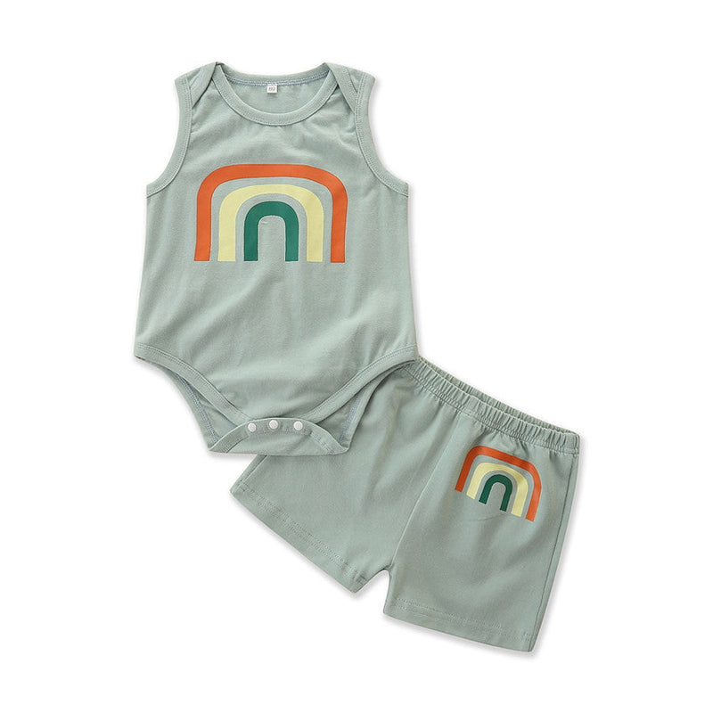 Baby Boy Rainbow Print Vest Bodysuit And Shorts Two Piece Baby Sets - PrettyKid