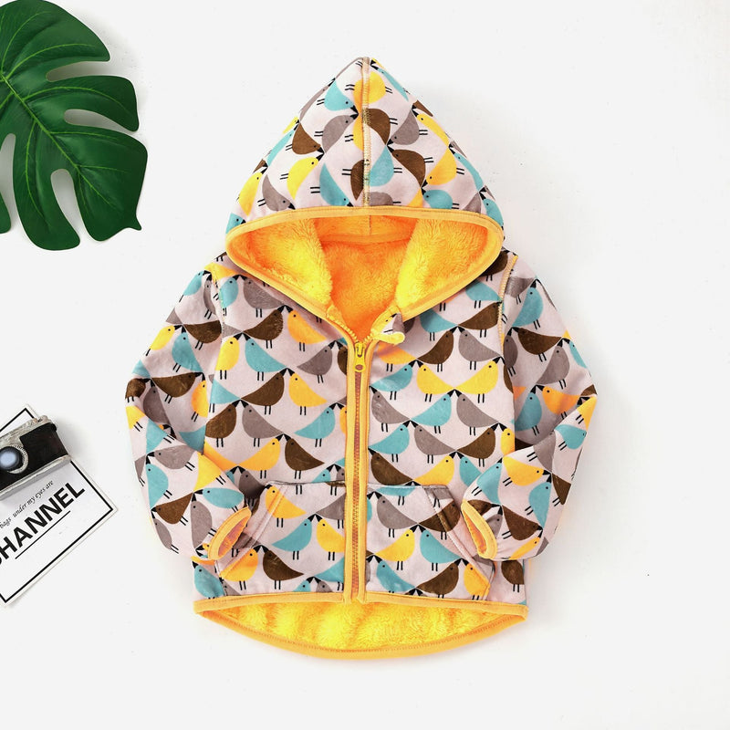 Car Bird Print Plush Toddler Wholesale Hoodie Coat For Children - PrettyKid