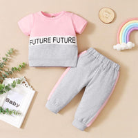 Baby Girl Color-blocking Letter Top & Color-blocking Pants - PrettyKid