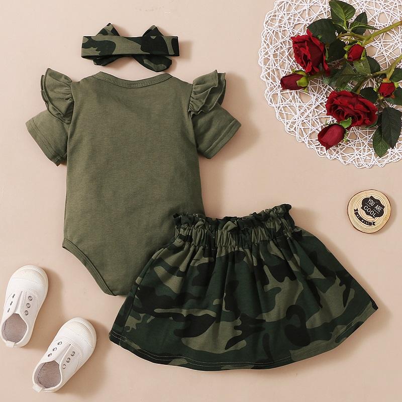 Baby Girl Ruffle Romper & Camouflage Print Skirt & Bowknot Headband - PrettyKid