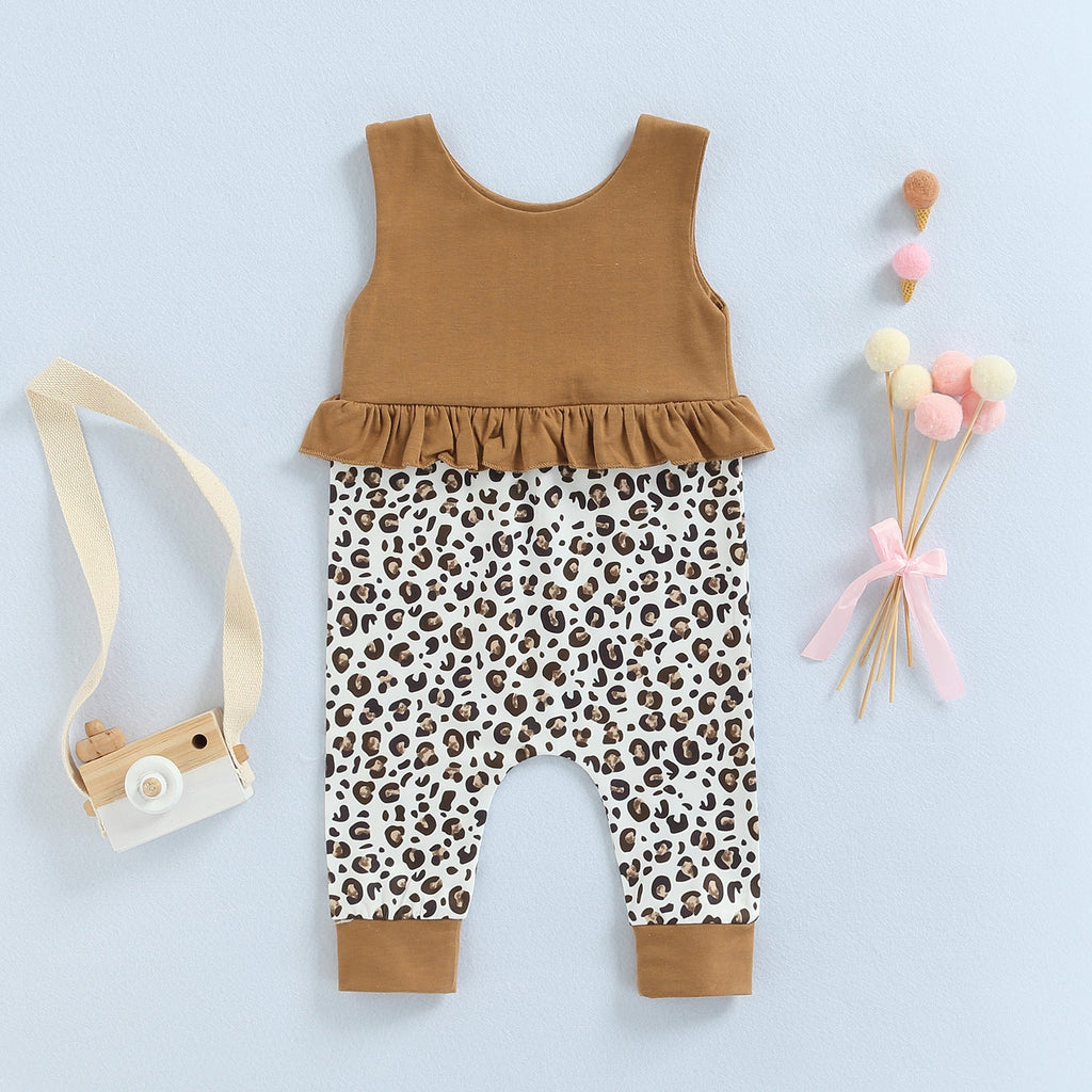 6-24M Baby Girls Jumpsuit Ribbed Ruffle Spliced Leopard Print Baby Clothes In Bulk - PrettyKid