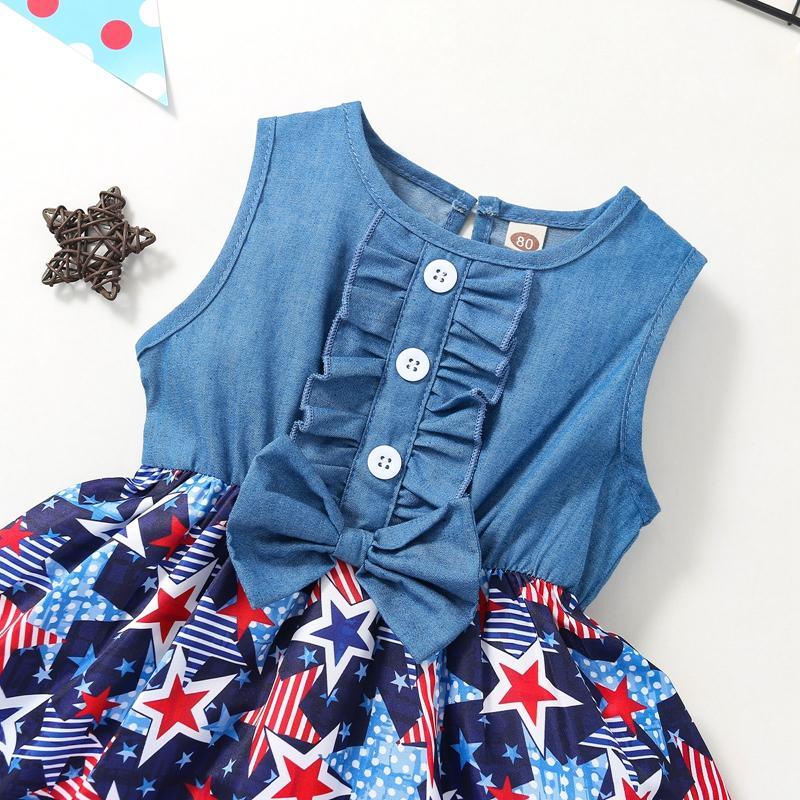 Toddler Girl Independence Day Pentagram Print Ruffle Trim Dress - PrettyKid