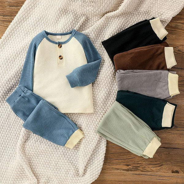 wholesale baby boy clothes Toddler Boy Color-block Knitted Waffle Sweater & Pants Wholesale Children's Clothing - PrettyKid