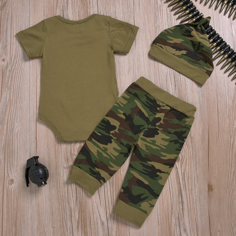 3-Piece Short-Sleeve Letter Print Bodysuit, Camouflage Pants and Hat for Baby Clothing Wholesale - PrettyKid