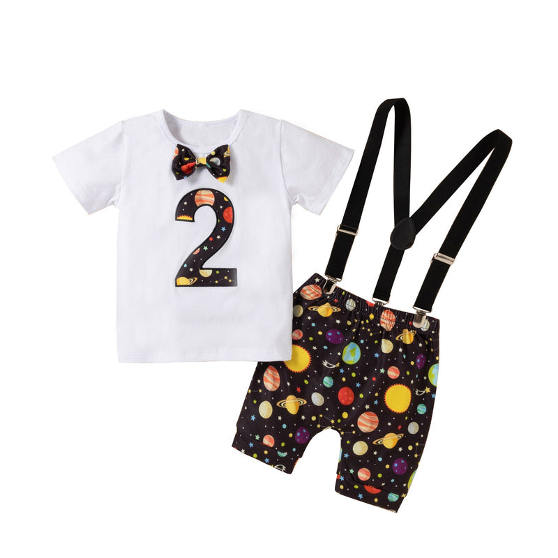 18M-3Y Toddler Boys Birthday Sets Galaxy Print Bowtie T-Shirts & Suspender Shorts Bulk Baby Clothes