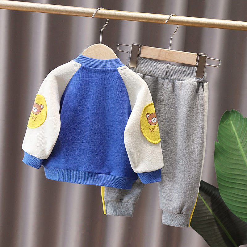 Bear Pattern Baseball Jersey And Sweatpants Toddler Boy Outfit Sets - PrettyKid