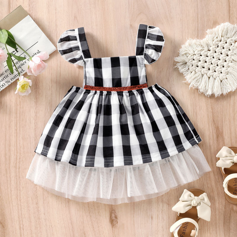 9months-4years Baby Girl Summer Dress Plaid Mesh Stitching Fly Sleeves Wholesale Baby Clothing - PrettyKid
