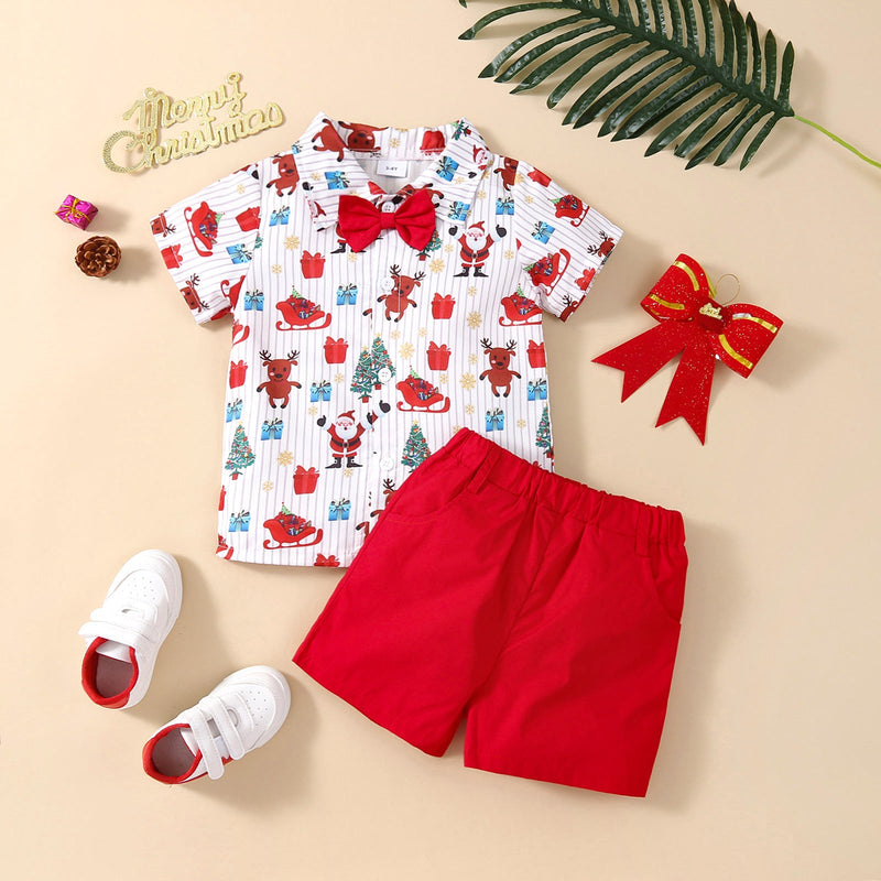 Christmas Cartoon Print Shirt With Bow Tie And Shorts Toddler Boy Sets - PrettyKid