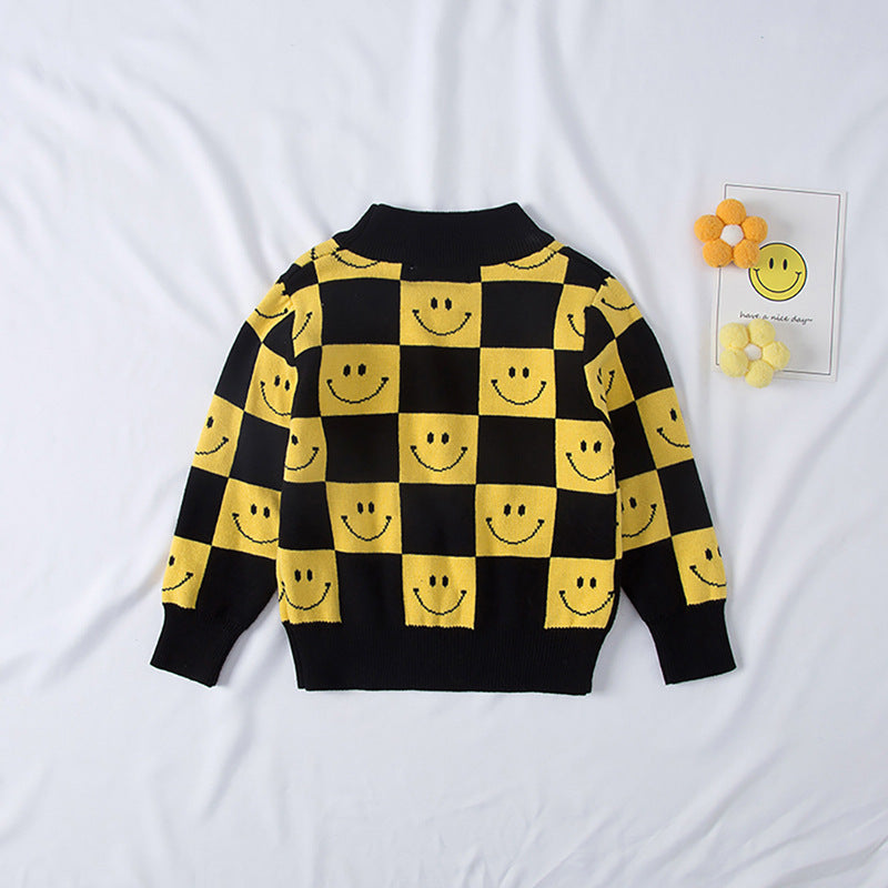 Checkerboard Smiley Print Toddler Boy Sweaters - PrettyKid