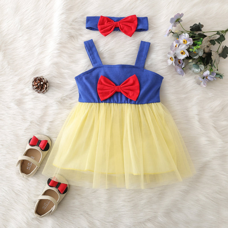 3-24M Baby Girls Bow Hit Color Mesh Cami Dresses & Headband Wholesale Baby Boutique Clothing - PrettyKid