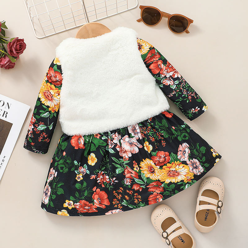 Baby Girl Long-Sleeved Floral Dress And Furry Jacket Two Piece Baby Sets - PrettyKid