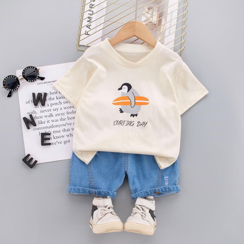 Baby Boy Penguin Print T-Shirt And Denim Shorts Baby Boy Shorts Set - PrettyKid