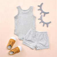 Baby Boys Crocodile Pattern Sleeveless Striped Bodysuit And Shorts Wholesale Baby Sets - PrettyKid