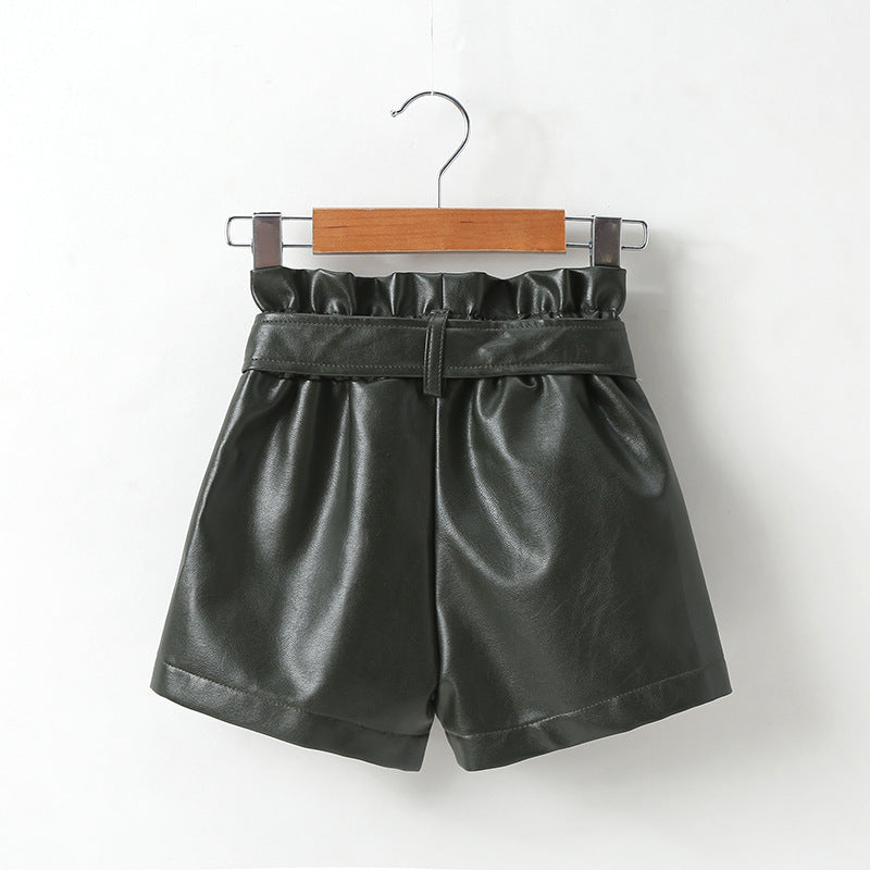 Bowknot Solid Color PU Leather Wholesale Toddler Girl Shorts - PrettyKid