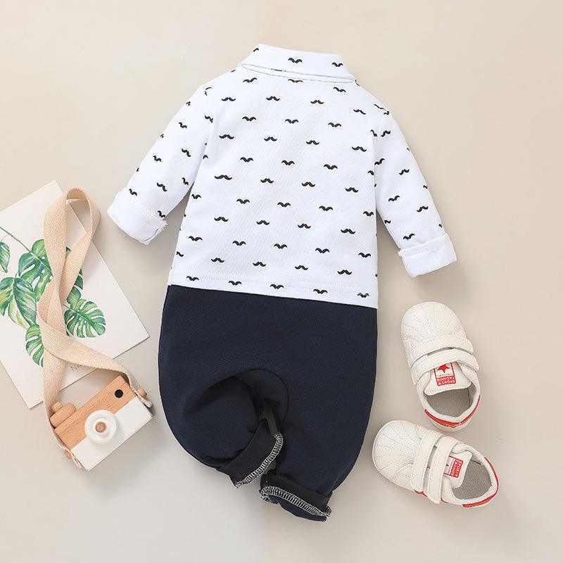 Baby Boy Mustache Pattern Baby One Piece Jumpsuit With Bow Tie - PrettyKid