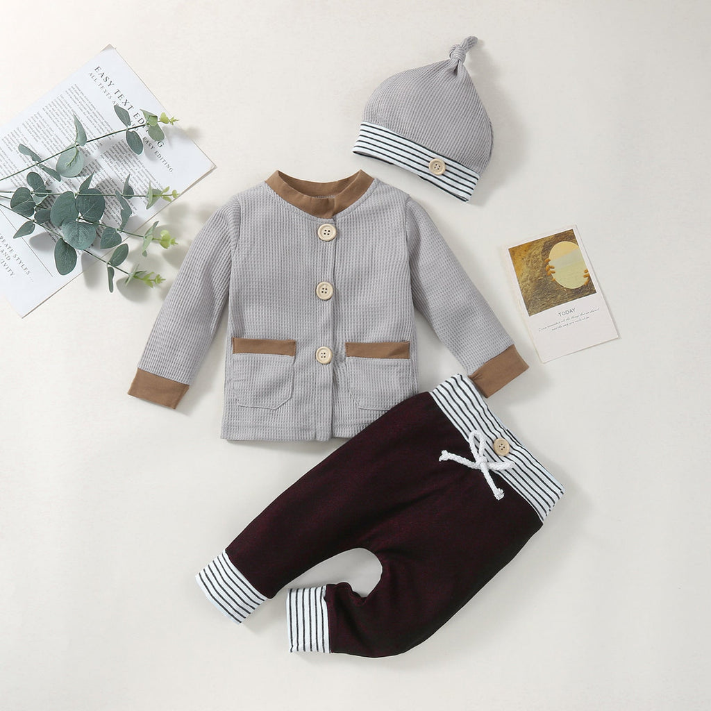 Colorblock Cardigan And Striped Pants And Hat Three Piece Baby Suit - PrettyKid