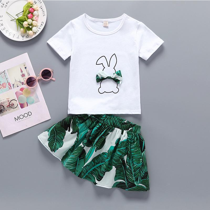 Girls Cute Rabbit Print Bow Top & Allover Print Skirt - PrettyKid