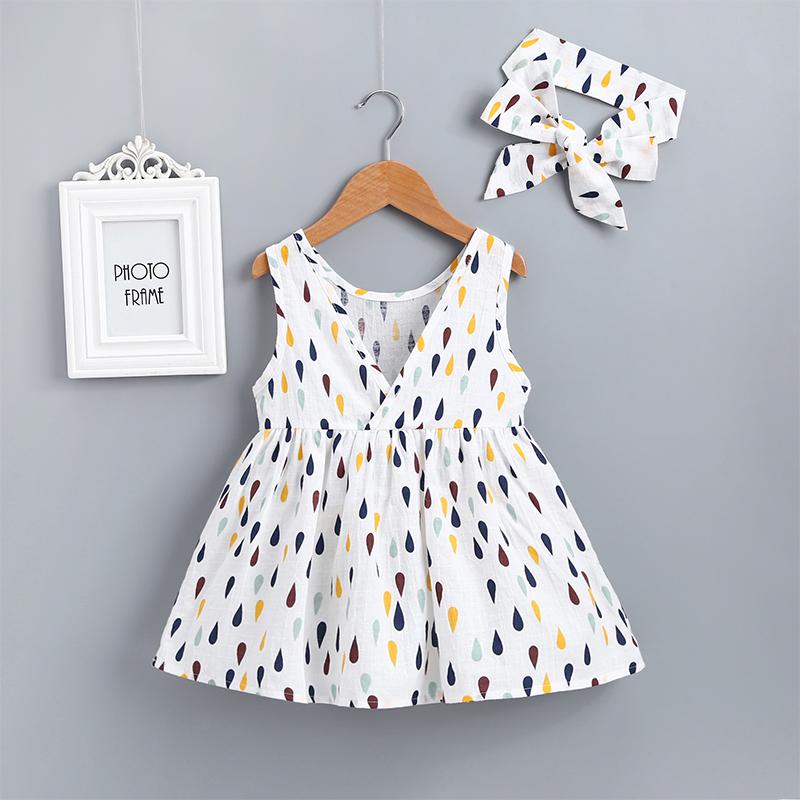 Girl's Raindrop Print Suspender Fluffy Dress With Hair Band - PrettyKid